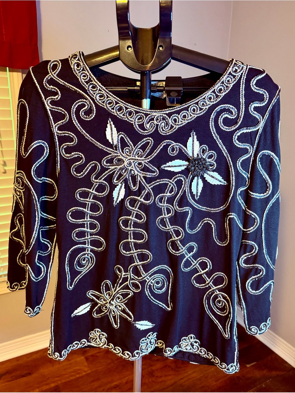 Lauren Michelle Black Long Sleeve Top with Silver Embroidery